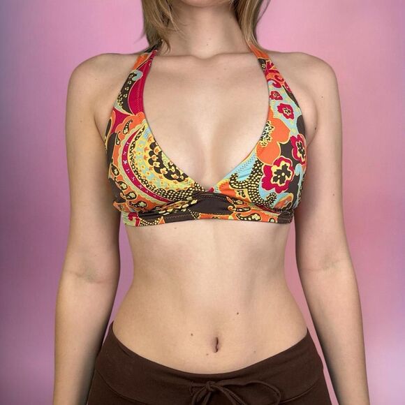 y2k coconut girl style multicolor orange paisley floral halter tie bikini top🎀 - Picture 1 of 7